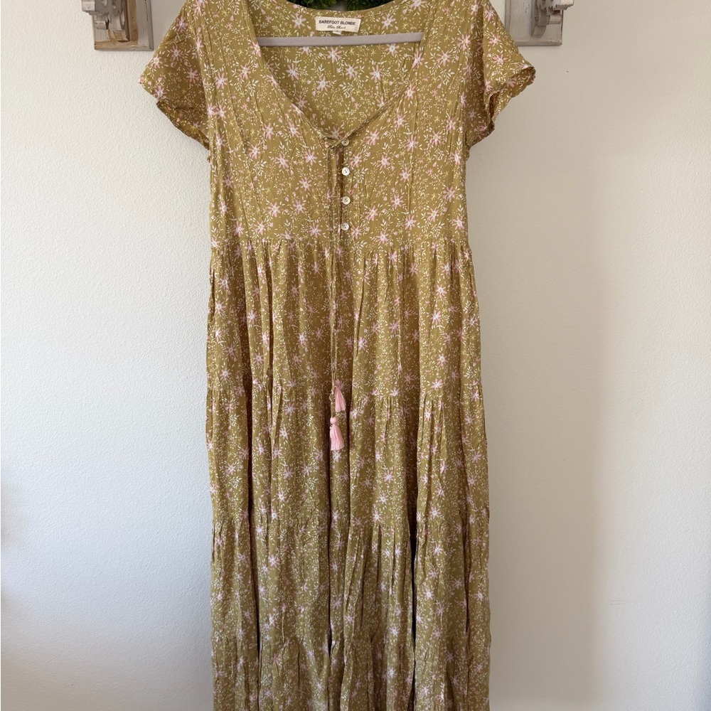 Boho Olive Floral Tiered Maxi Dress with Tassels